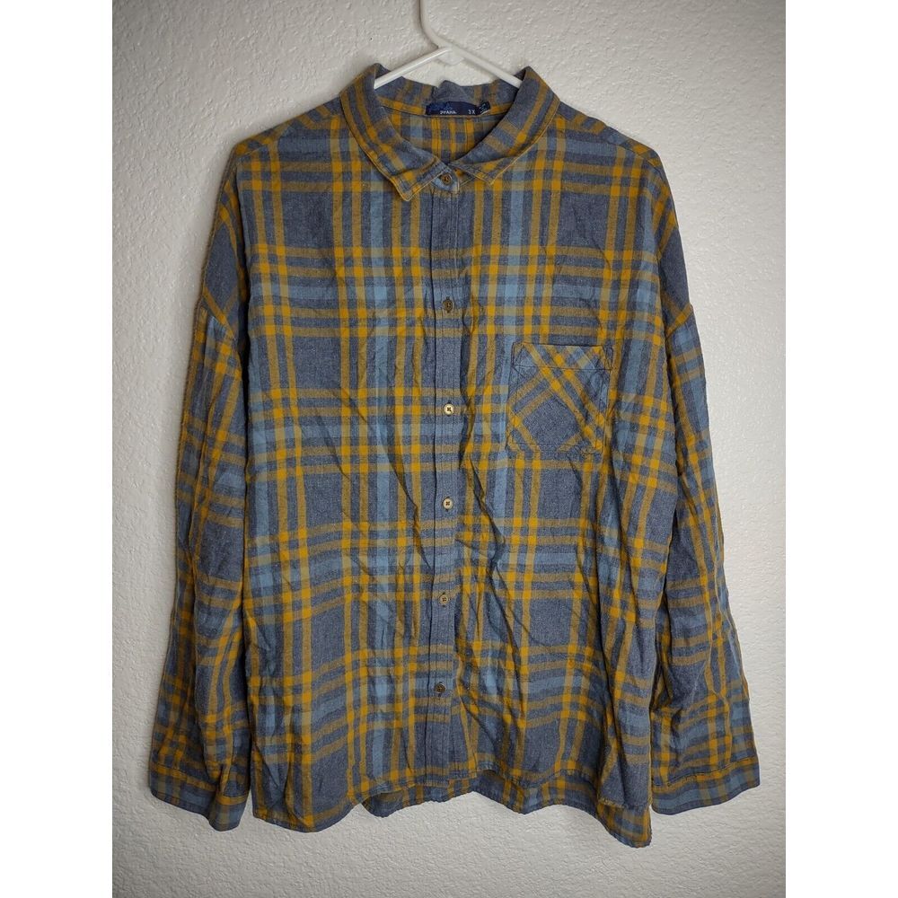 Prana Plaid Percy Flannel Top Women's 3X Grey Yellow Roll Tab Organic Cotton